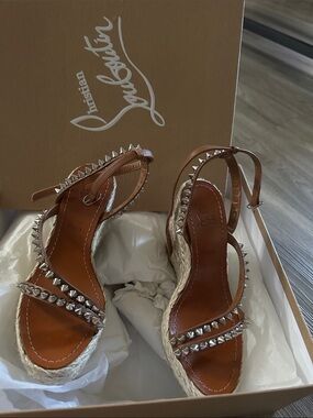 Christian Louboutin Brown Leather Studded Espadrille Wedge Sandals
